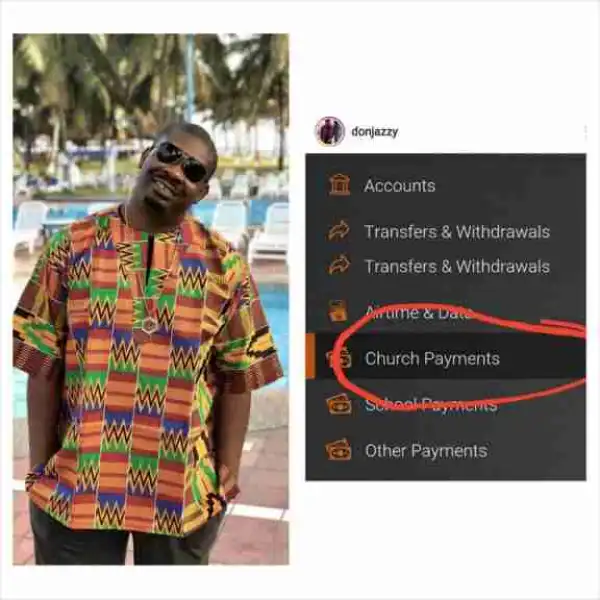 Don Jazzy Reacts After Seeing "Church Payment" Option In His Banking Mobile App